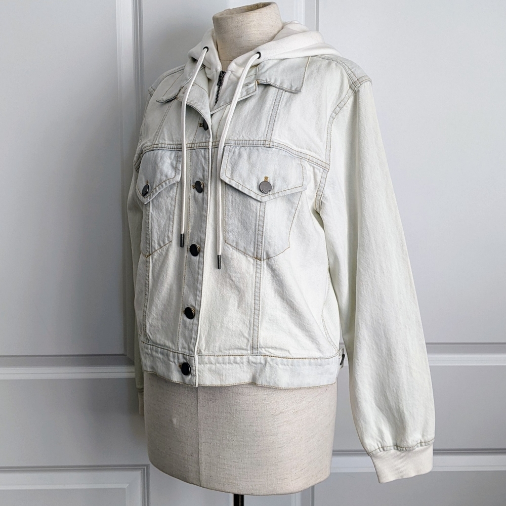 alice + olivia Jacket Denim Jean Removable Zip Out Hood Bleached Indigo L NWT - Picture 8 of 16